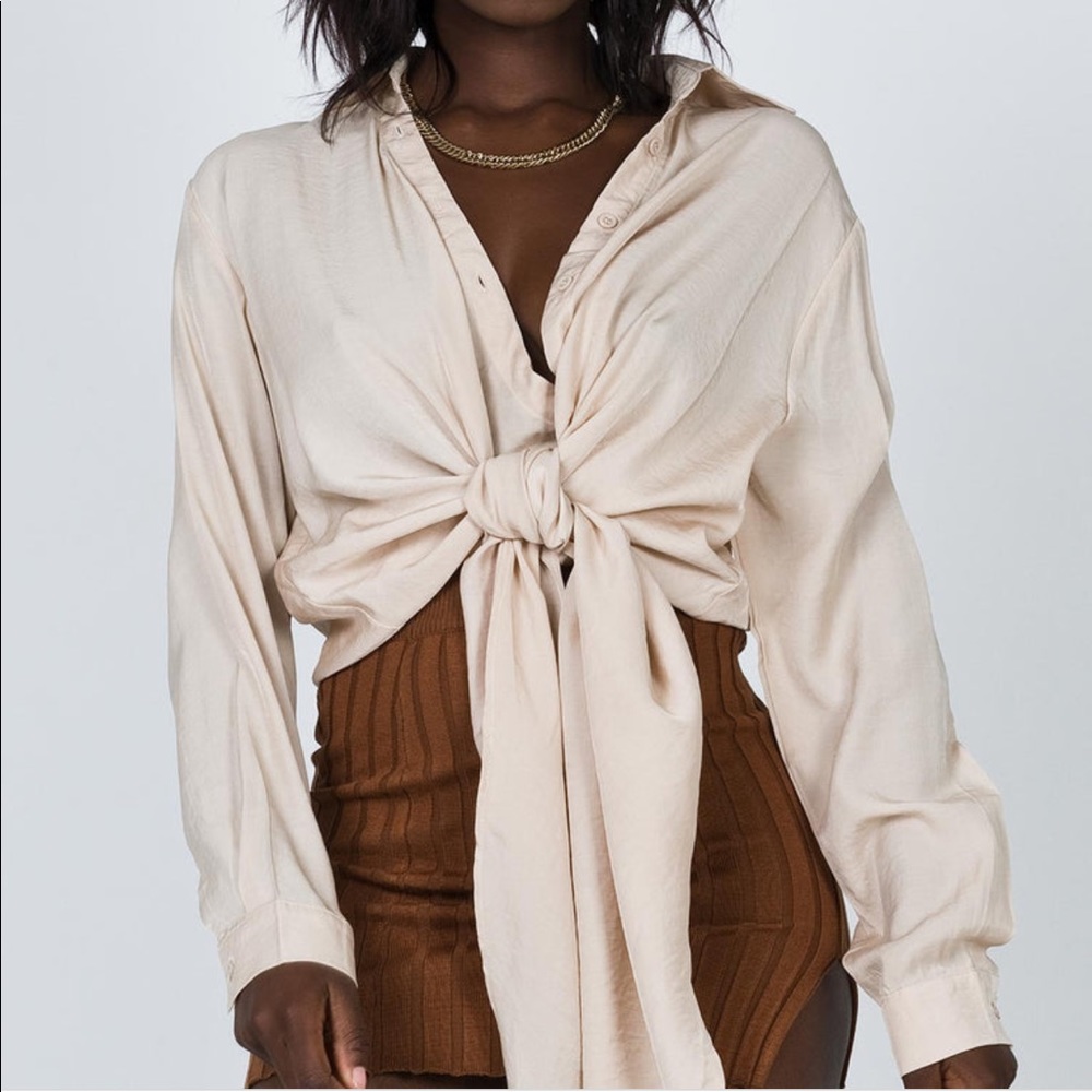 Princess Polly Tie-Front Beige Blouse Size 4 (Small)